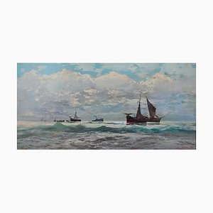Ezelino Briante, Bateaux en mer, Oil on Wood, Framed