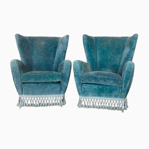 Italian Turquoise Blue Velvet Armchairs with Fringes, 1950s, Set of 2
