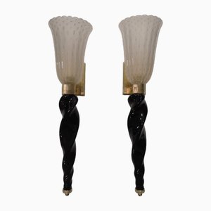 Murano Black and Cream Color Glass Wall Light, 1980, Set of 2