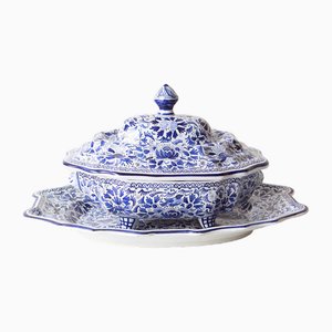 Large Hand-Painted Delft Soup Tureen with Tray