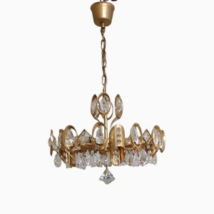 Vintage Ceiling Lamp with Gold-Plated Metal Frame and Crystal Glass Hanging, 1970s
