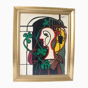 D'Après Picasso, Grande Composition Cubiste, 1950s, Huile sur Carton, Encadrée