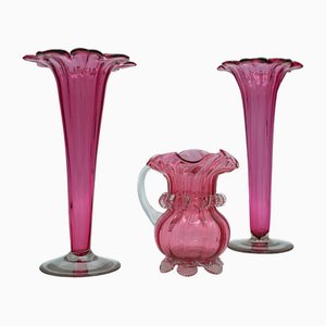 Vintage English Decorative Cranberry Glass Stem Vase Set, 1930s, Set of 3