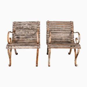 Antique English Victorian Patio Chairs in Teak & Iron, Set of 2