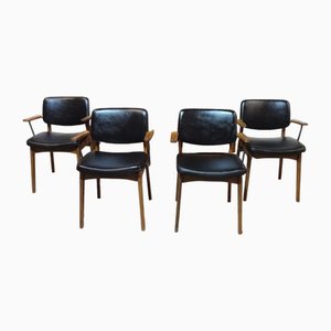 Afromosia Dining Chairs with Armrests with Black Skai, 1950s, Set of 4