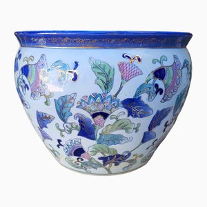 Chinesischer Vintage Übertopf aus Porzellan mit Blumen