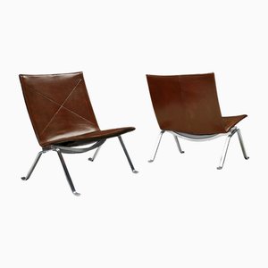 Dänische Vintage PK22 Sessel aus Poliertem Stahl & Cognacfarbenem Leder von Poul Kjærholm für E. Kold Christensen, 1950er, 2er Set