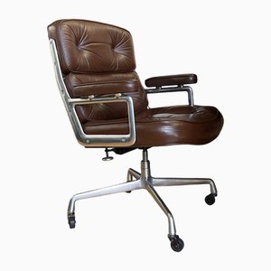 Life Chair with Chestnut Brown Leather and Polished Aluminium Frame by Charles & Ray Eames for Herman Miller, 1975