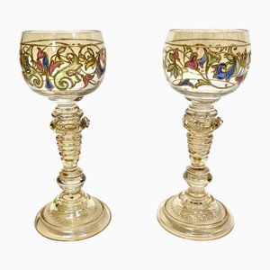 Copas de vino de estilo romano modernista con cristal pintado a mano de Glashütte Theresienthal, Alemania, años 20. Juego de 2
