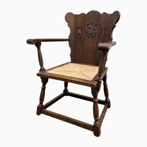 Vintage Dutch Heraldic Coat of Arms Armchair in Oak with Woven Seat