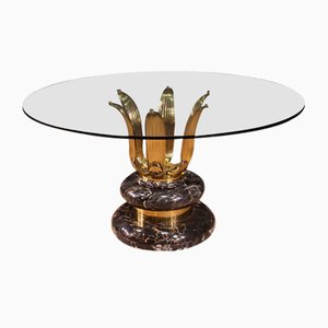 Marble and Brass Dining Table with Round Glass Top, 1960