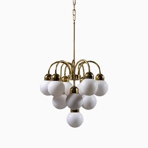 Original Brass and Opal Globe Pendant Chandelier, 1950s