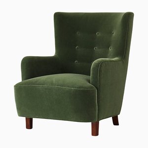 Scandinavian Modern Easy Chair in Green Mohair Velvet Fabric from Fritz Hansen, 1940s