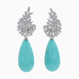 Boucles d'Oreilles en Or Blanc 14 Carats Turquoise et Diamants, 1960s, Set de 2