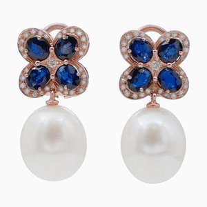 14 Karat Rose Gold Dangle Earrings with Pearls, Sapphires and Diamonds, 1970s, Set of 2