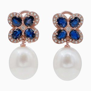 Boucles d'Oreilles Pendantes en Or Rose 14 Carats avec Perles, Saphirs et Diamants, 1970s, Set de 2