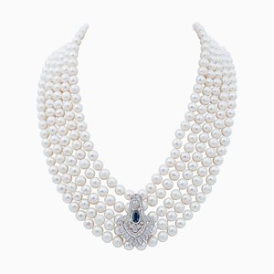 Collana multifilo in platino con perle, zaffiri e diamanti, anni '70