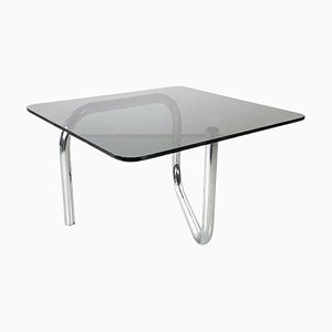 Mesa de centro italiana moderna de acero cromado con superficie rectangular de vidrio ahumado, años 70