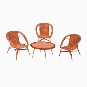 Wicker and Wood Armchairs and Table, Italy, 1960s, Set of 4