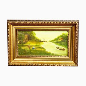 Artista Biedermeier, Paesaggio fluviale, XIX secolo, Olio su tela, Con cornice