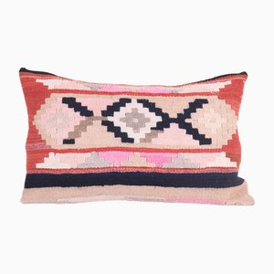 Vintage Turkish Pastel Pink Wool Lumbar Kilim Cushion Cover