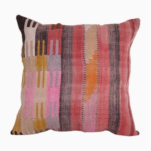 Turkish Decorative Square Striped Organic Wool Kilim Cushion Cover