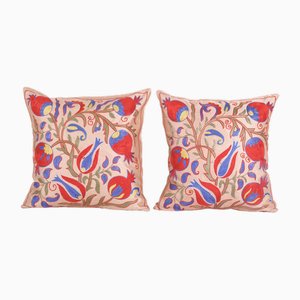 Vintage Square Pink Embroidery Handmade Suzani Cushion Cover, Set of 2