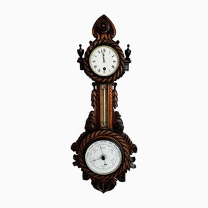 Antique Victorian Carved Walnut Banjo Clock Barometer, 1880