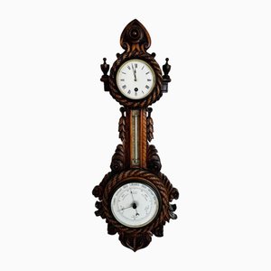 Horloge Banjo Baromètre Antique Victorienne en Noyer Sculpté, 1880