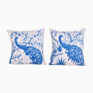 Vintage Folk Art Pictorial Peacock Suzani Cushion Covers, 2010s, Set of 2