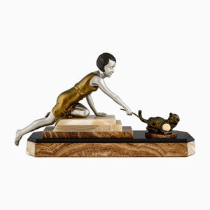 Uriano, Art Deco Girl Playing with Cat, 1930, Metal & Onyx Marble