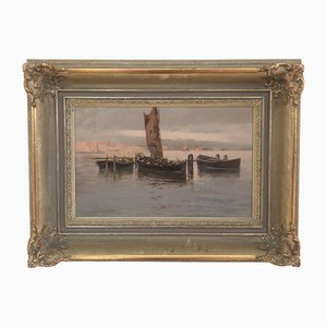 Ezelino Briante, Barques de pêcheurs sur la lagune, Venise, Oil on Wood, Framed