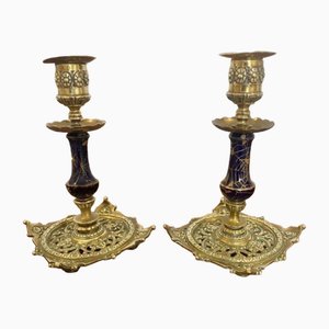 Antique Victorian Brass and Porcelain Candlesticks, 1880, Set of 2