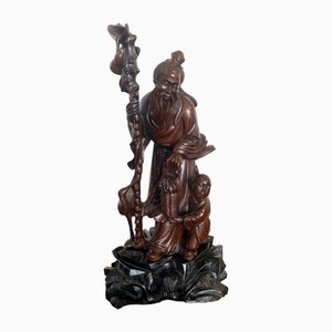 Figurine Antique en Bois Dur Sculpté, Chine, 1900
