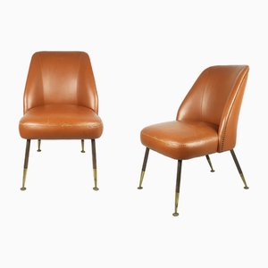 Campanula Chairs in Brown Leather and Brass by Carlo Pagani for Arflex, 1952, Set of 2