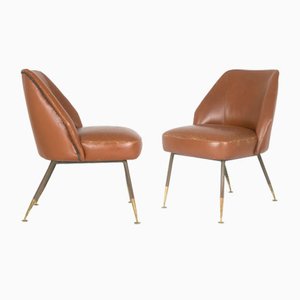 Campanula Armchairs in Brown Leather and Brass by Carlo Pagani for Arflex, 1952, Set of 2