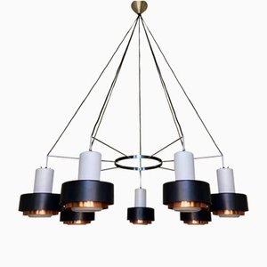 Large Mid-Century Modern Chandelier with White Glass, Black and Copper Shades, 1960s