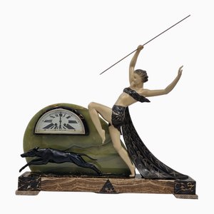 Grande Horloge Diane Chasseresse Art Déco avec Lévrier de Limousin, 1930s