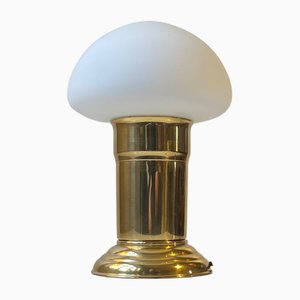 Scandinavian Mushroom Table Lamp in Brass and White Glass, 1970s