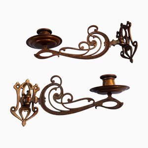 Portacandele da parete Art Nouveau in ottone, fine XIX secolo, set di 2