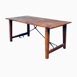 French Rustic Farmhouse Trestle Oak & Wrought Iron Dining Table, France, 1960s