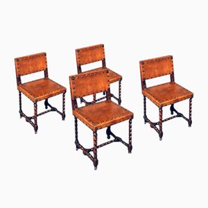 English Cromwellian Style Tan Leather & Oak Side Chairs, Early 1900s, Set of 4