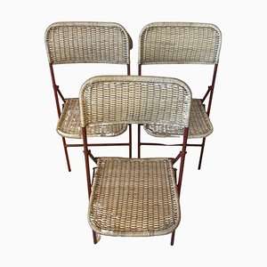 20th Century French Folding Chairs in Rattan and Metal, 1950s, Set of 3