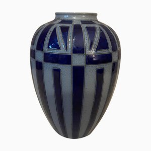 Vase Art Déco Vintage en Grès Bleu et Gris, France, 1930s