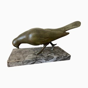 Pigeon Art Déco en Bronze sur Socle en Marbre par G. Arisse, France, 1930s