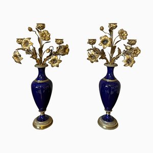 Antique French Candelabras in Bronze and Porcelain, 1800s, Set of 2