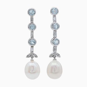 Boucles d'Oreilles Pendantes Perles, Aigue-Marine, Diamants et Platine, 1970s, Set de 2