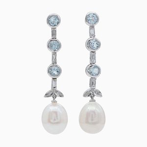 Pearls, Aquamarine, Diamonds and Platinum Dangle Earrings, 1970s, Set of 2