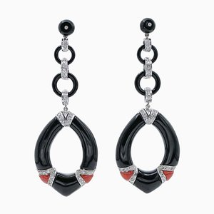 Boucles d'Oreilles Pendantes en Onyx, Corail, Diamants et Platine, 1970s, Set de 2