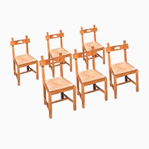 Brutalist Rustic Oak & Rush Dining Chairs, Belgium, 1960s, Set of 6